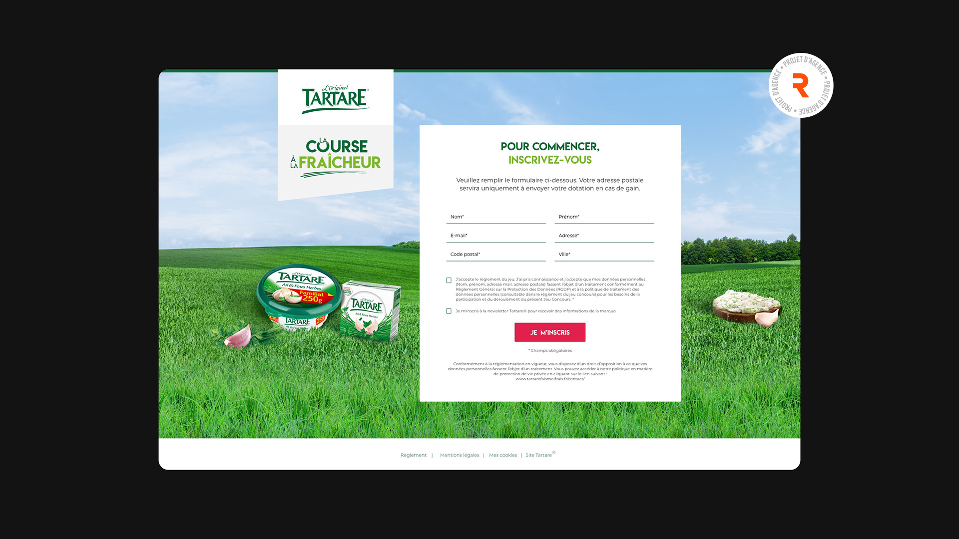 Page d'inscription pour le jeu Tartare "Course à la fraîcheur"